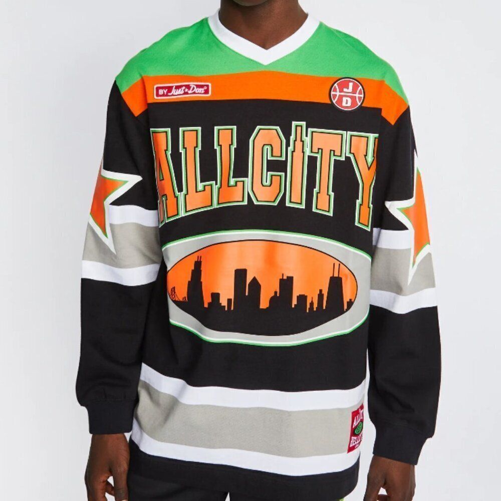 Just Don All City Hockey Jersey Cotton Long Sleeve Shirt Black Mens Size XL